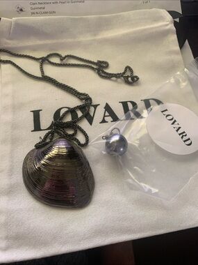 LOVARD Gunmetal Clam Shell Necklace with Pearl Accent